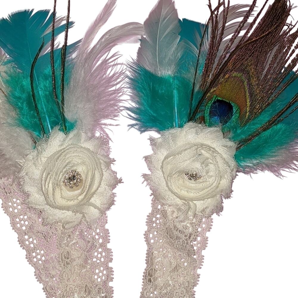 Teal turquoise peacock feather Lace‎ Wedding Garters